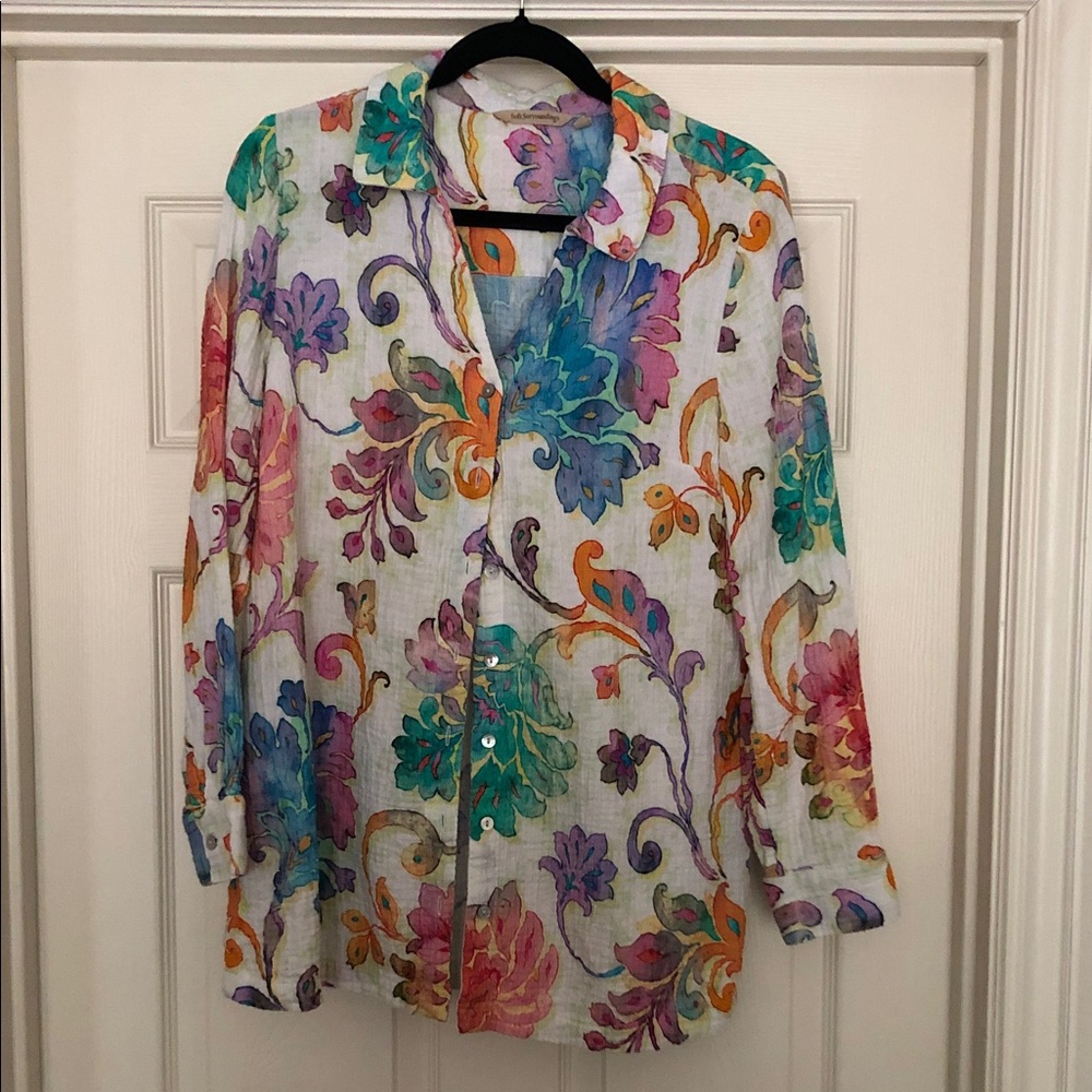 Soft Surroundings White Button-Down Shirt with Multicolor Floral Print